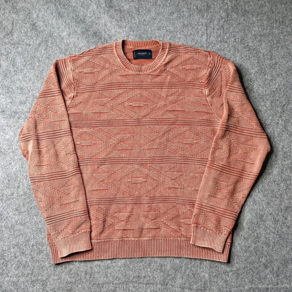 Lucky Brand Womens Terracotta Orange Geometric Jacquard Cotton Sweater Medium